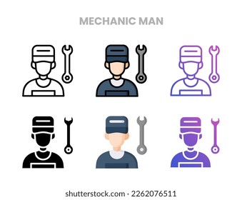 Mechanic man people icons vector illustration set line, flat, glyph, outline color gradient. Great for web, app, presentation and more. Editable stroke and pixel perfect.