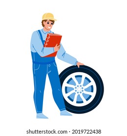 Mechanic Man Repair Flat Tire Car Wheel Vector. Vehicle Service Worker Checking And Fixing Transportation Part. Character Guy Professional Maintenance In Garage Flat Cartoon Illustration