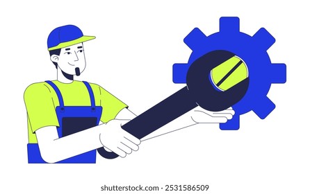 Homem mecânico com chave desparafuso parafuso no personagem 2D desenho animado engrenagem. Reparador caucasiano trabalhando com cogwheel chave isolada pessoa vetor plano no fundo branco. Ilustração especial colorida