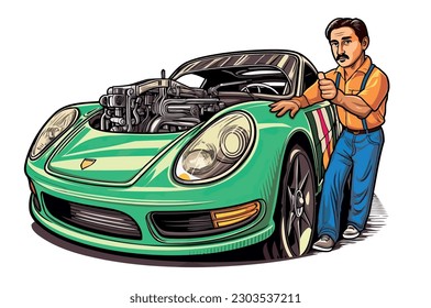 mechanic man thumb up next to a green sports car with very big engine vector illustration on white background