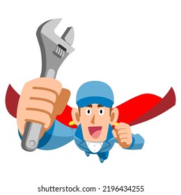 Mechanic man wearing a cloak and flying