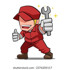 Mechanic Man Wearing Red Uniform cartoon character mascot holding a wrench Illustration