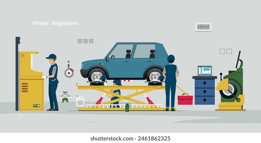 Un mecánico está manipulando el sistema de alineación de las ruedas.