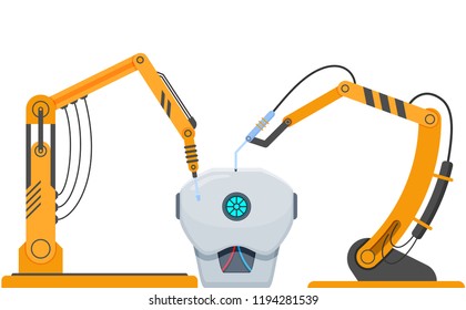 Mechanic manufacturing factory arm robots, robotic equipment. Industrial technological machines with conveyor belt, tongs, suction cups, assembling human realistic body of robot. Vector illustration.