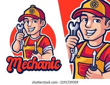 Mechanic Mascot Cartoon Logo. Man Character Profession Logo