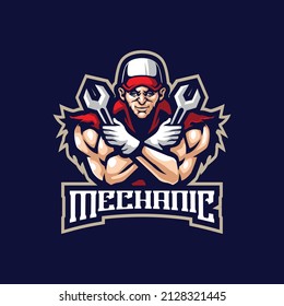 Mechanic mascot logo design vector with concept style for badge, emblem and t shirt printing. Strong mechanic illustration.