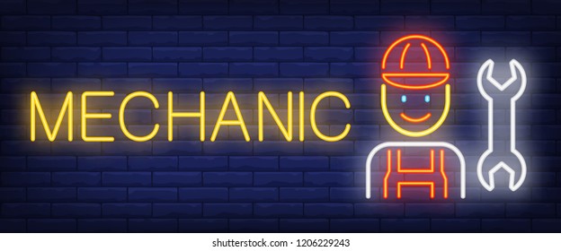 Mechanic neon text with technician and wrench. Car service and repair advertisement design. Night bright neon sign, colorful billboard, light banner. Vector illustration in neon style.