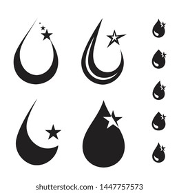 Mechanic oil drops or car engine oil vector icons. Shining black drop of car lubricant logo with stars isolated on white background