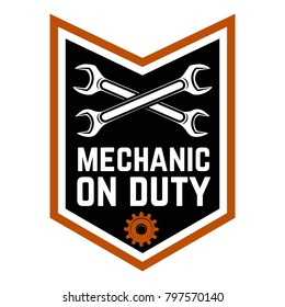 Mechanic on duty. Emblem template with crossed wrenches.Car repair. Design element for logo, label, emblem, sign. Vector illustration