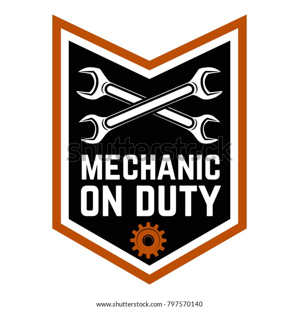 Mechanic on duty. Emblem template with\
crossed wrenches.Car repair. Design element for logo, label,\
emblem, sign. Vector\
illustration
