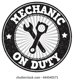 Mechanic on duty grunge rubber stamp on white background, vector illustration