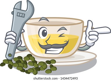 Mechanic oolong tea above wood tables cartoon