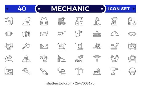 Conjunto de ícones do Mechanic Outline. Reparar o sinal do trabalhador. Técnico industrial com símbolo de chave inglesa. Pictograma do comerciante de manutenção e serviços. Workshop e experiência profissional.
