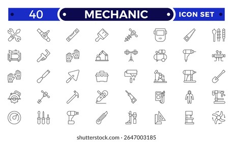 Conjunto de ícones do Mechanic Outline. Reparar o sinal do trabalhador. Técnico industrial com símbolo de chave inglesa. Pictograma do comerciante de manutenção e serviços. Workshop e experiência profissional.
