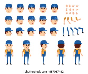 Mechanic in overalls creation set. Various gestures, emotions, diverse poses, views. Create your own pose, animation. Flat style vector illustration