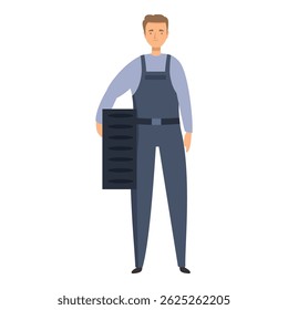 Mechanic in overalls is holding a tire, ready to start working