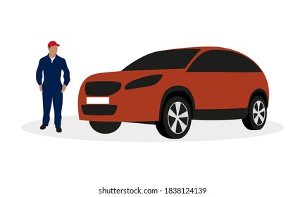 Mechanic in overalls stands next to the car on a white background