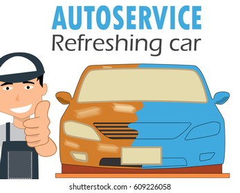 mechanic painter holds a finger to demonstrate excellent service in service. In flat vector style.