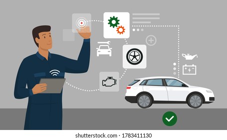 Mechanic performing a car inspection using a digital app, he is interacting with a virtual user interface, car repair and innovative technology concept