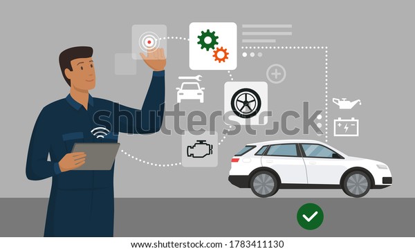 Mechanic performing a car inspection using a\
digital app, he is interacting with a virtual user interface, car\
repair and innovative technology\
concept