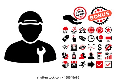 Mechanic pictograph with bonus pictograph collection. Vector illustration style is flat iconic bicolor symbols, intensive red and black colors, white background.