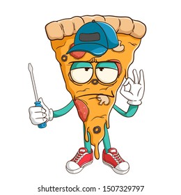 Mechanic of pizza slice cartoon character holding a screwdriver with funny flat expression
