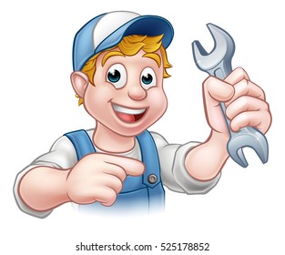 A mechanic or plumber handyman cartoon character holding a spanner and pointing