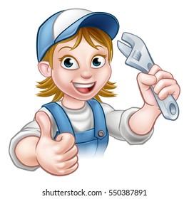A mechanic or plumber handyman cartoon character holding a spanner and giving a thumbs up