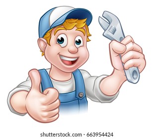 A mechanic or plumber handyman cartoon character holding a spanner and giving a thumbs up