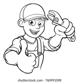 A mechanic or plumber handyman cartoon character holding a spanner wrench tool and giving a thumbs up