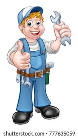 A mechanic or plumber handyman cartoon character holding a spanner and giving a thumbs up