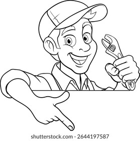 Um mecânico ou encanador faz um desenho animado mascote homem segurando uma chave inglesa ou spanner espiando em torno de um sinal e apontando para ele