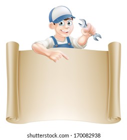 A mechanic or plumber holding an adjustable spanner or wrench and peeking over a scroll sign and pointing
