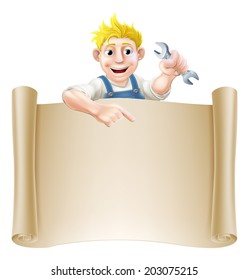 A mechanic or plumber holding a spanner or wrench and peeking over a scroll sign and pointing