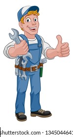 Mechanic plumber maintenance handyman cartoon mascot man holding a wrench or spanner. Giving a thumbs up