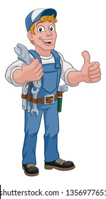 Mechanic plumber maintenance handyman cartoon mascot man holding a wrench or spanner. Giving a thumbs up