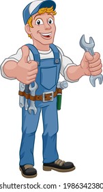 Mechanic plumber maintenance handyman cartoon mascot man holding a wrench or spanner. Giving a thumbs up