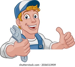 Mechanic plumber maintenance handyman cartoon mascot man holding a wrench or spanner. Peeking over a sign and giving a thumbs up