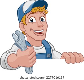Mechanic plumber maintenance handyman cartoon mascot man holding a wrench or spanner. Peeking over a sign