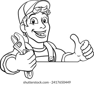 Mechanic plumber maintenance handyman cartoon mascot man holding a wrench or spanner. Peeking over a sign and giving a thumbs up