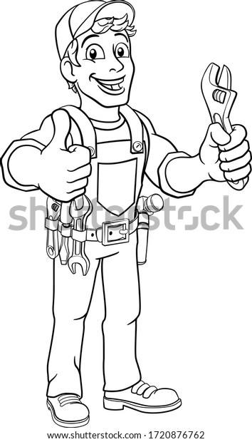 Mechanic plumber maintenance\
handyman cartoon mascot man holding a wrench or spanner. Giving a\
thumbs up