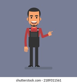 Mechanic points finger to and smiles. Flat people. Vector Illustration