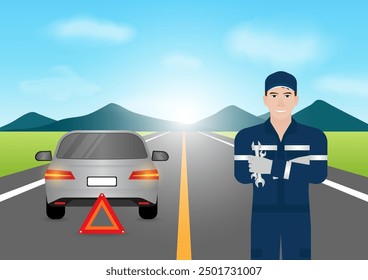Un mecánico se está preparando para reparar el coche averiado. Concepto de reparación y mantenimiento de automóviles. Ilustración vectorial. 