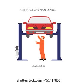 Mechanic produces vehicle diagnostics. The car on the lifting ram. Vector illustration