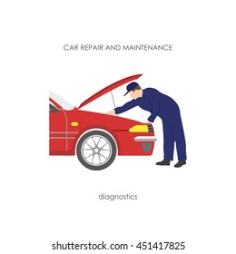 Mechanic produces vehicle diagnostics. Vector illustration
