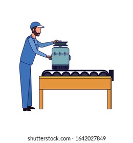 mechanic putting a car alternator on Transporter band machine over white background, colorful design, vector illustration