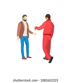 Mechanic in red overalls giving key from vehicle colorful vector illustration isolated on white background, bearded owner of car dressed brown jacket