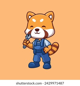 Mechanic Red Panda Cute Cartoon Illustration