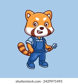 Mechanic Red Panda Cute Cartoon Illustration