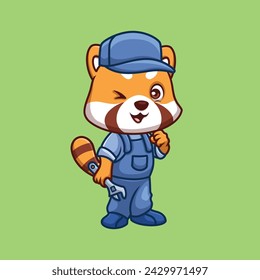 Mechanic Red Panda Cute Cartoon Illustration